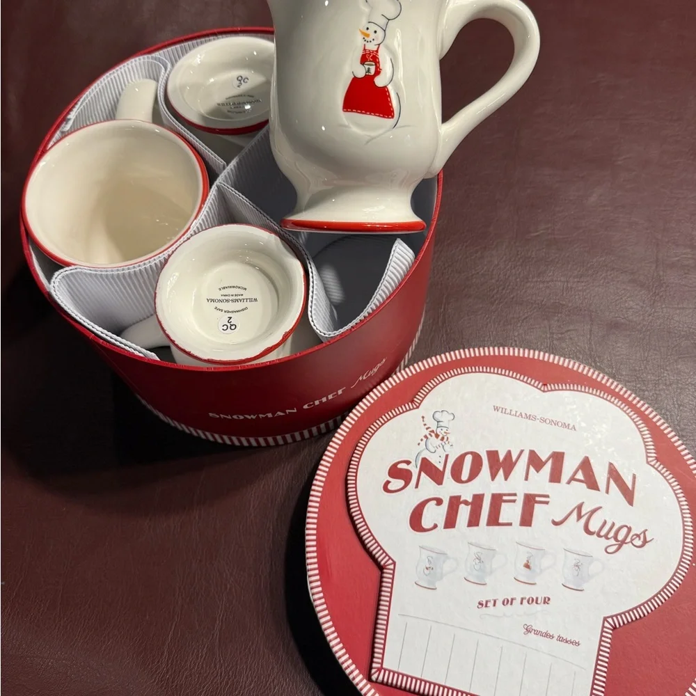 Williams-Sonoma Snowman chef mug set (4) and plate set NWT